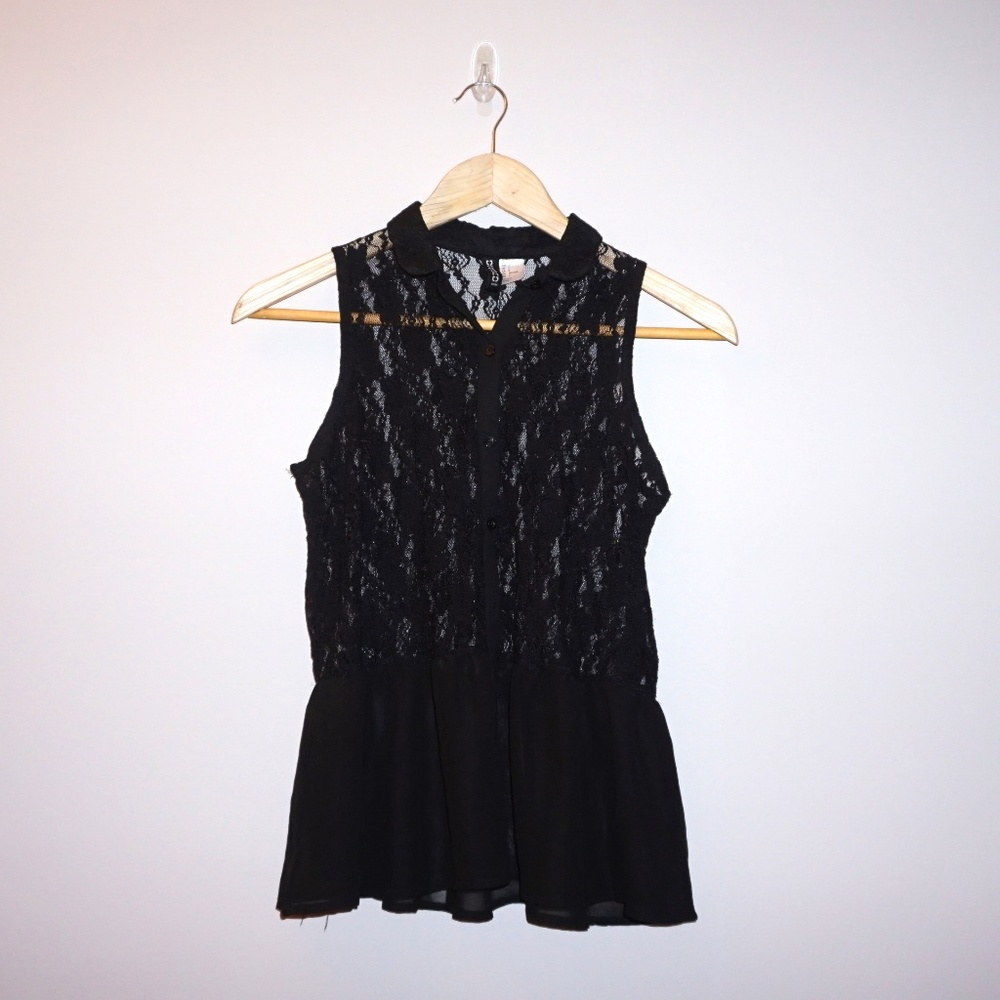 Black Lace Button Down Top with Collar